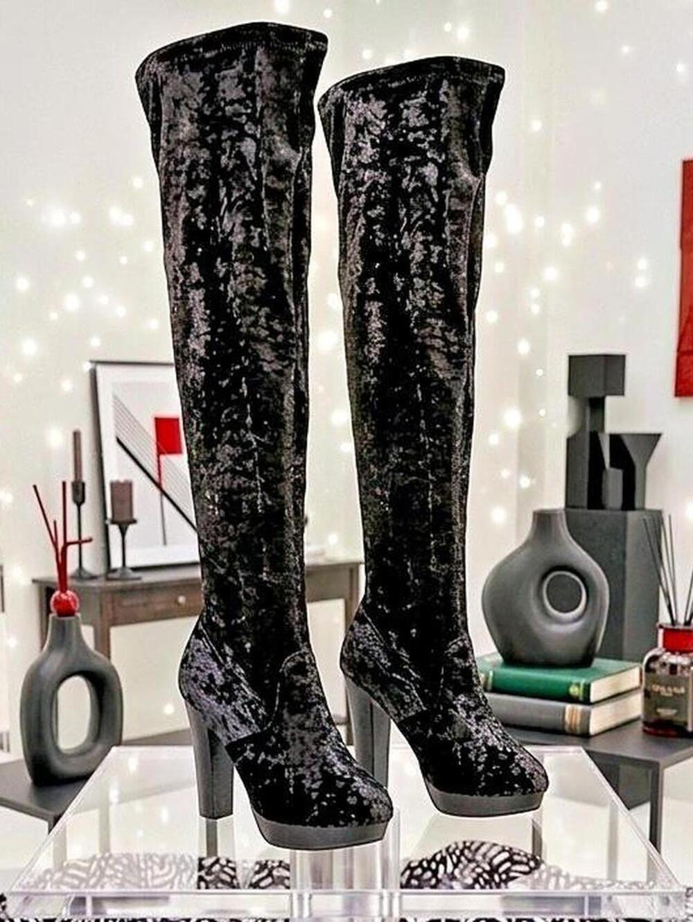 DbDk Fashion Size 10 Black Crushed Velvet Thigh High Platform Boots